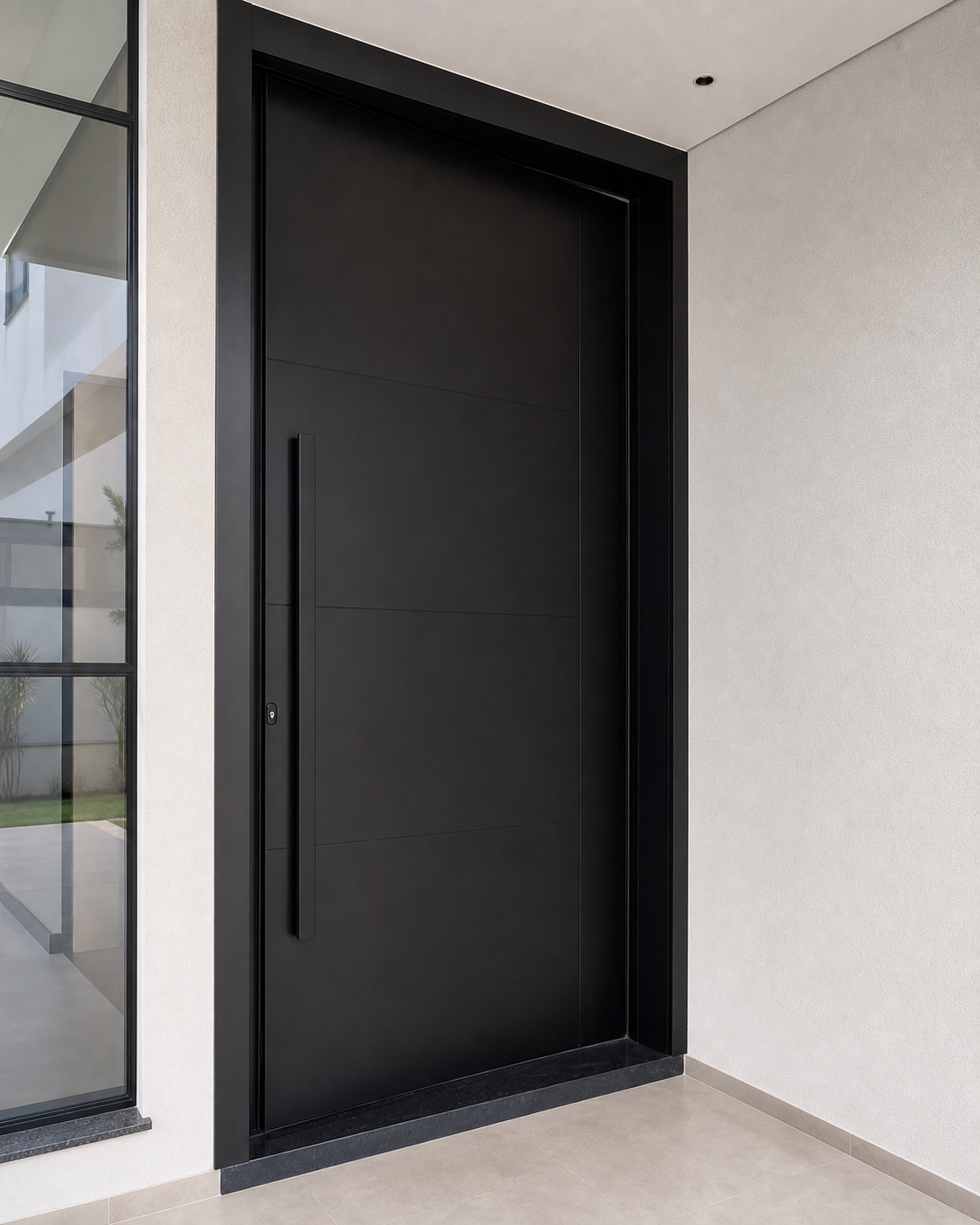 Porta pivotante preta em fachada residencial contemporânea