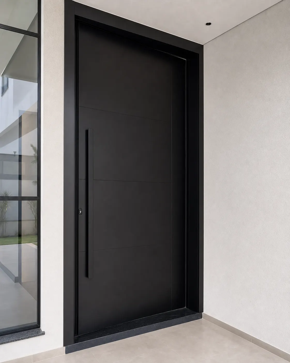 Porta pivotante preta em fachada residencial contemporânea